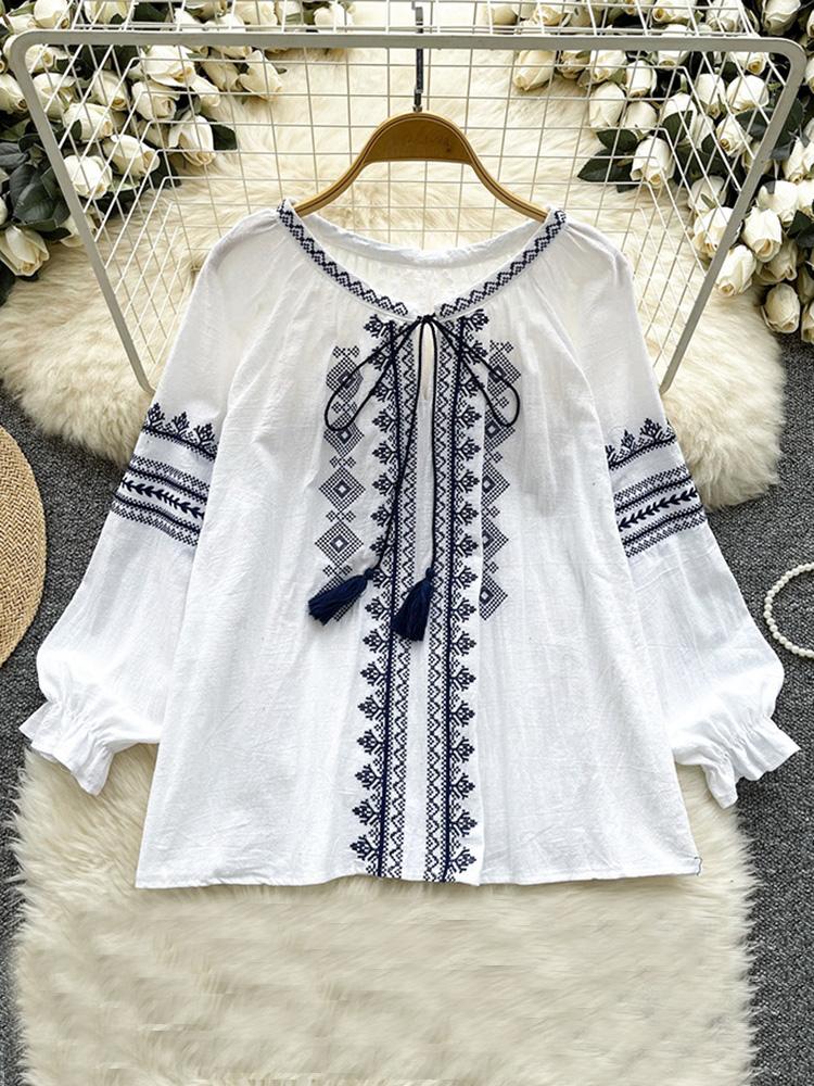 Women's Spring Autumn Shirt New Retro Bohemian Embroidered Lace Up Lantern Long Sleeves Blouse Top