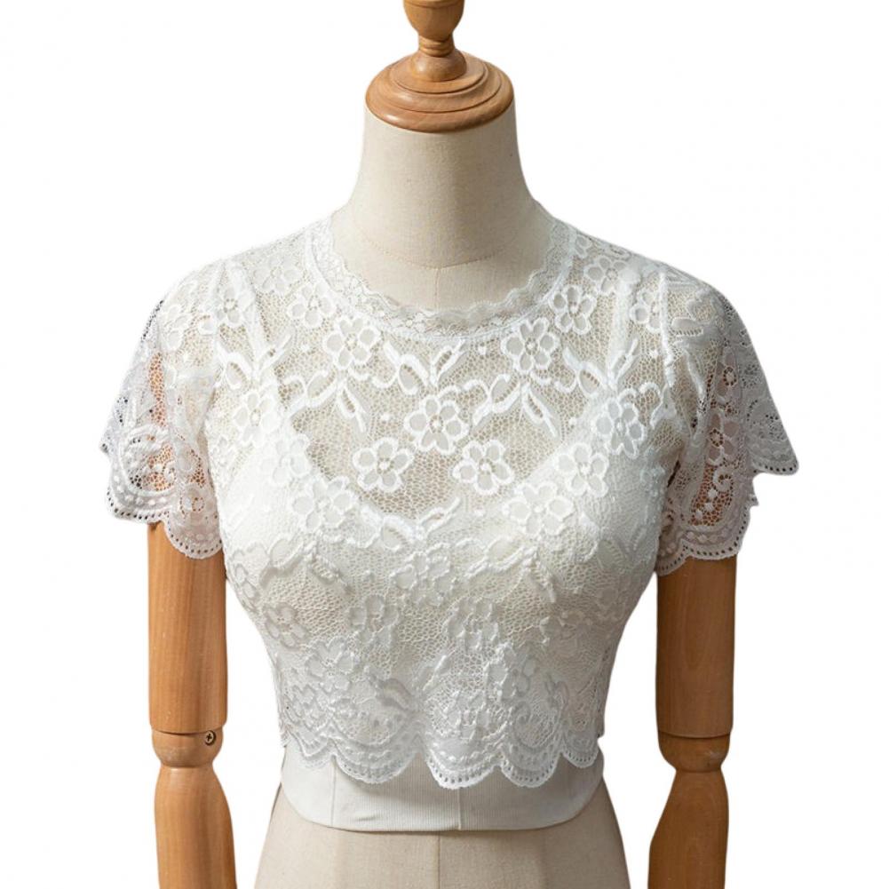 Fake Collar Lady Base Top Female Clothes Lace Solid Color See-through Flower Embroidery Short Sleeves Bottoming Round Neck Quick