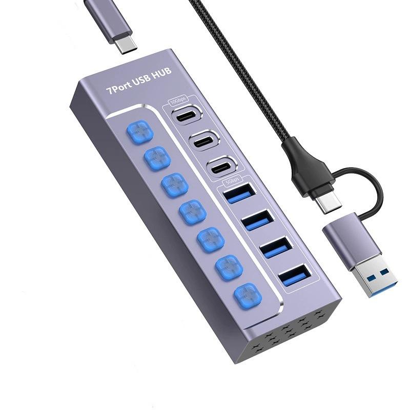 10-Port USB 3.0 Hub with Switch, Charging Type-C Port, One-to-Ten Splitter