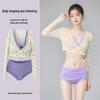 Women's Purple Long-Sleeve Three-Piece Swimsuit Set - High-Waisted, Slimming, Sun-Protective, Split Design.