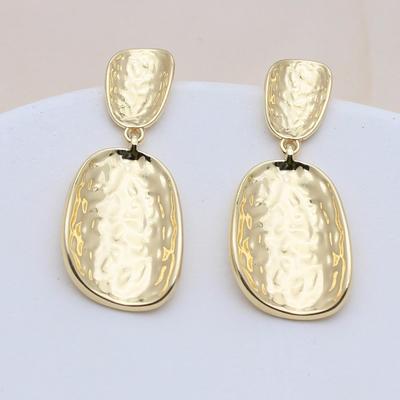 S925 Silver Needle Gold-Plated Geometric Hammered Oval Stud Earrings - European & American Style