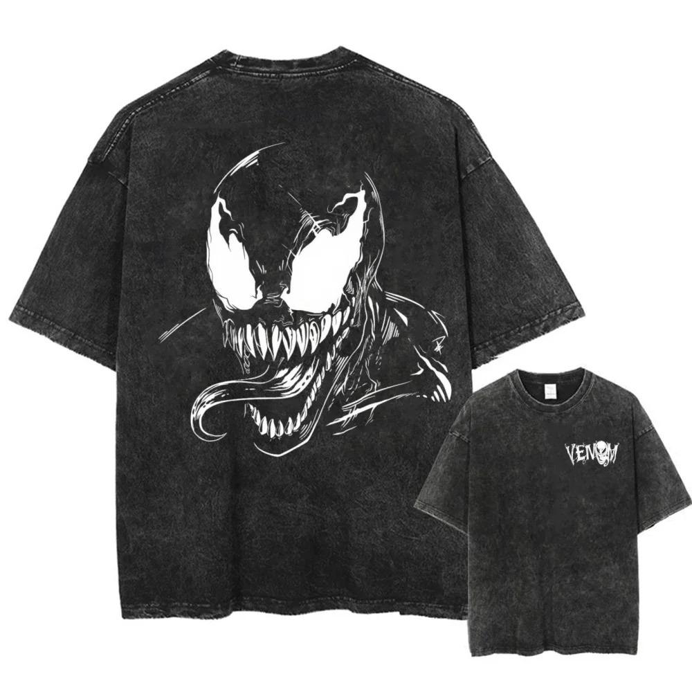Spider-Man and Venom Printed T-shirt Washed Oversized Y2k Fashion Casual Neutral Short Sleeve Washed Retro Loose T-shirt