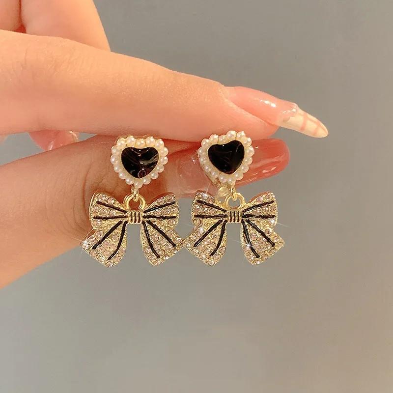 Black Heart Bowknot Crystal Imitation Pearl Drop Earrings for Women Personality Brincos Zircon Christmas Gift Wholesale