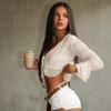 Y25TP289 Women's Solid Color Lace Trim Lace-Up Long Sleeve Top - European & American Style for Summer & Autumn
