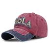 Zhen Yue Qi Cotton Baseball Cap with Distressed Patchwork and American Lettering Embroidery.