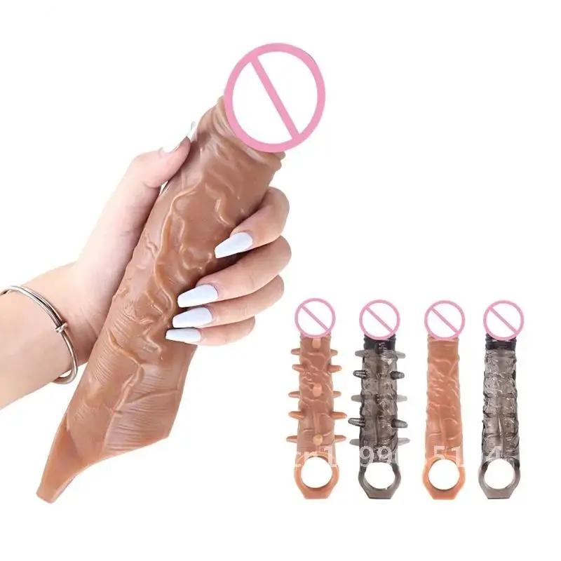 25cm Large Penis Extender Sleeve Reusable Condom Delay Penis Sleeve Dick Male Dildo Pumps Enlargers Sex Toys for Men 18+