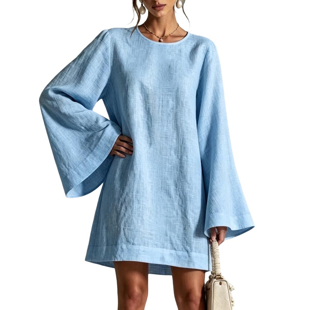 Women's Long Sleeve Neck Casual Color Dress for Everyday Wear