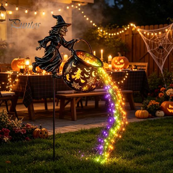 Landscape Decor for Windowsill Halloween Witch Garden Stake Light Outdoor Decoration, 33.5 Inch Waterfall-Style Metal Lighting Lawn Cauldron Ornament,