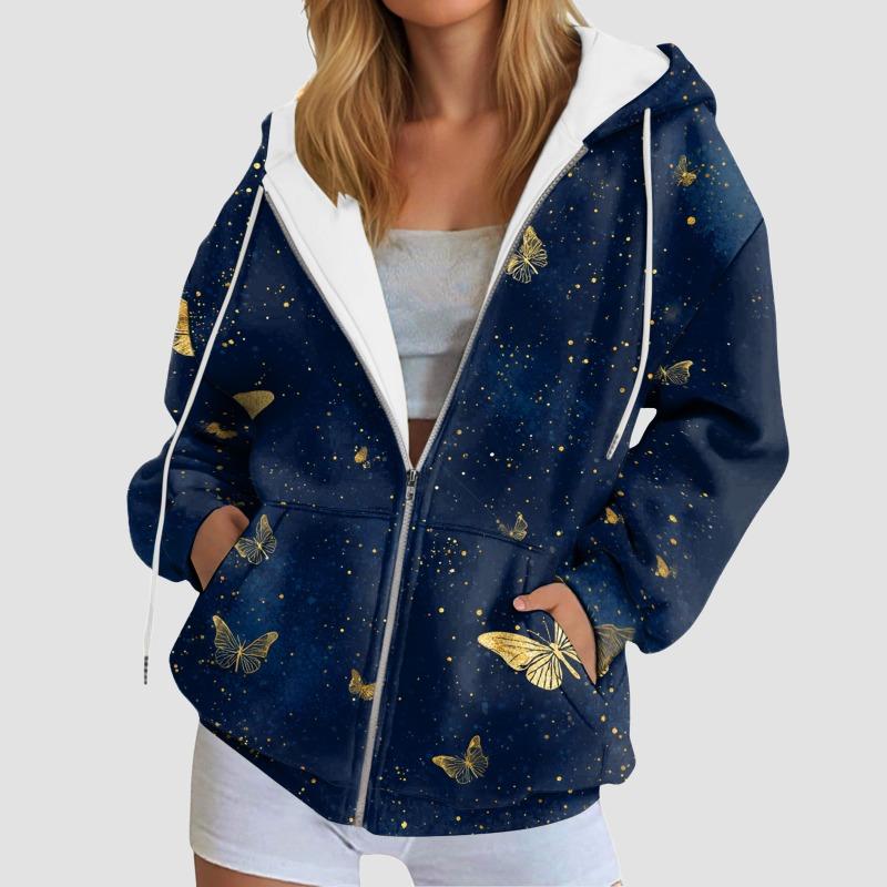 Stylish Printing Hooded Women'S Sweatshirt With Pockets Autumn/Winter Long-Sleeve Casual Hoodies Full Zipper Outdoor Sportwears