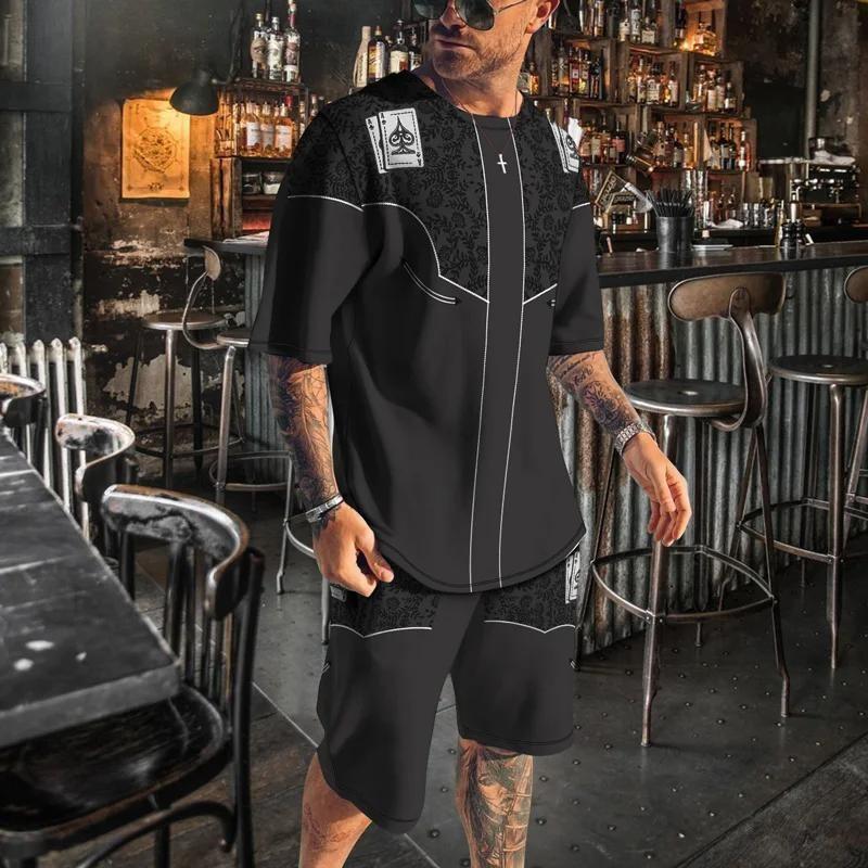 Summer Men's T-Shirt Set Gold Pattern 3D Print T-shirt Shorts 2-piece Set Elegant Casual Clothes Street Baroque T-shirt top