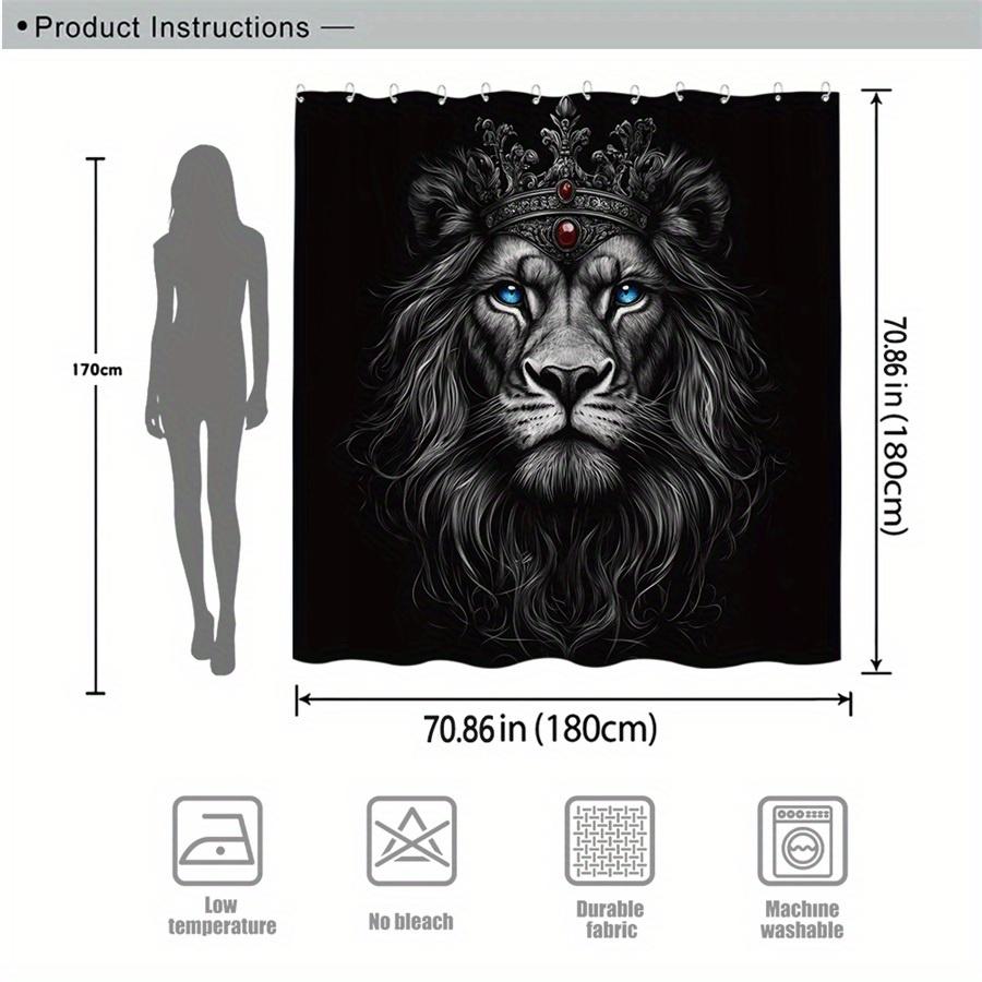 1 Royal Lion Shower Curtain With Blue Eyes And Silver Crown - Ultra-Realistic Black Background, Dramatic Design Machine Washable
