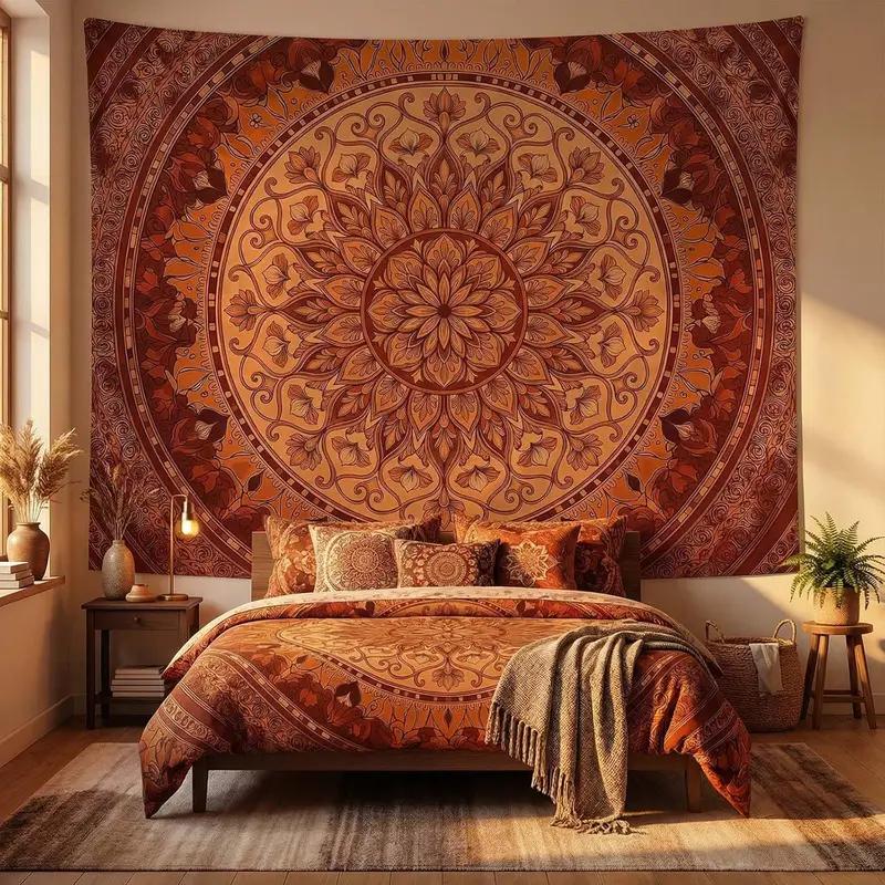 Boho Mandala Tapestry, Burnt Orange Floral Print Wall Hanging for Bedroom Dorm Living Room Home Decor 100X70CM