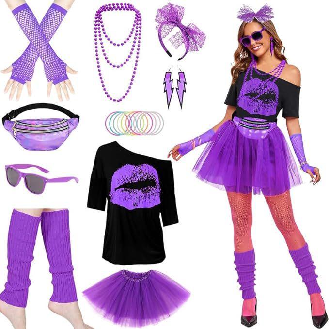 1980er Retro Disco Party Kostüm Drop Shoulder T-Shirt Tüllrock Hüfttasche Schmuck Fußabdeckungen Set
