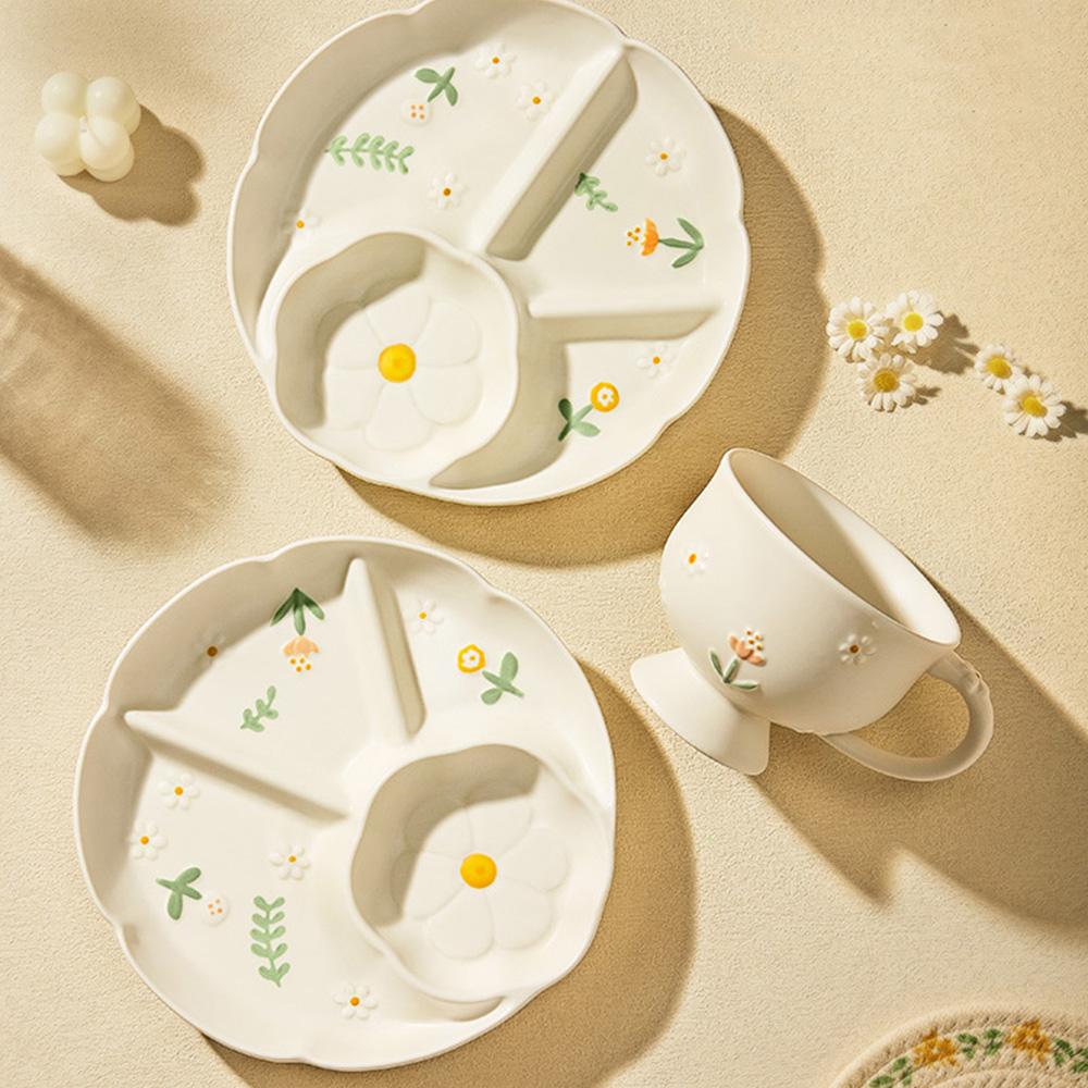 Cute Floral Relief Ceramic Plate Dividing Grids Breakfast Tablewares Durable Household Daily Fruit Salad Serving Dishes