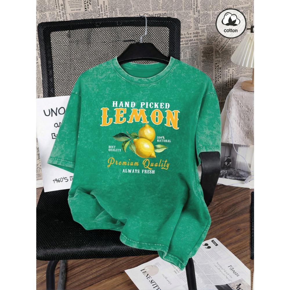 Hand Picked Lemon Always Fresh Print Washed T Shirt Women Cotton Clothes O-Neck Casual T-Shirt Loose Summer Top