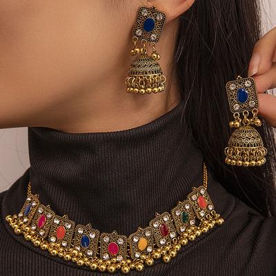 Ethnic Hollow Geometric Necklace Earrings Vintage Wedding Indian African Jewelry Sets for Women