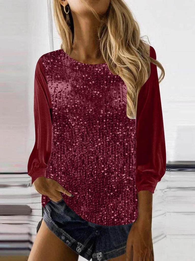 2025 European & American Women's Casual Sequin Round Neck Long Sleeve Pullover