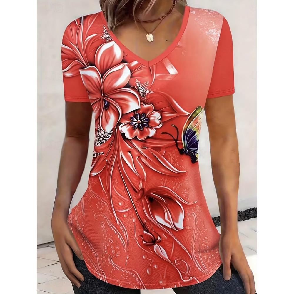 

Women s T Shirt Print Ombre Floral Graphic Stylish Classic Casual Short Sleeve V Neck Regular Tops Daily Blue Red Orange Gray Summer Spring XL