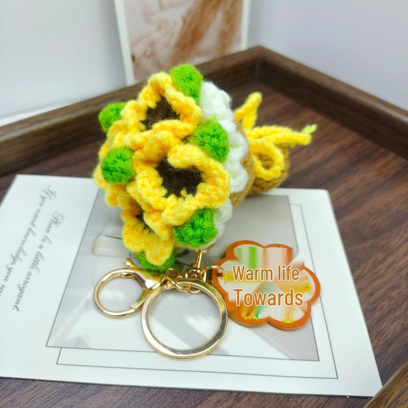 Handmade Knit Yarn Rose Flower Keychain Bag Accessory Gift