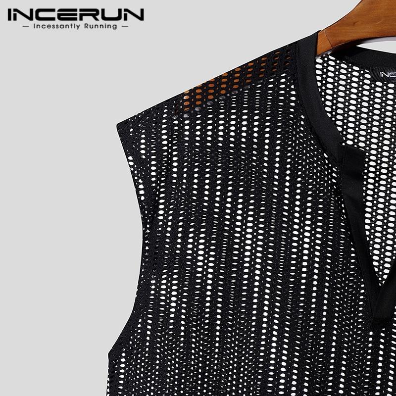 INCERUN Summer Men Short Sleeves See Through Mesh Tops T-shirts