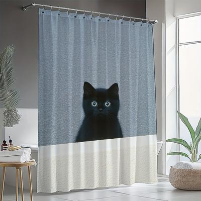 Cute Cartoon Black Cat Shower Curtain - Artistic Bathroom Decor with Hooks (Machine Washable)