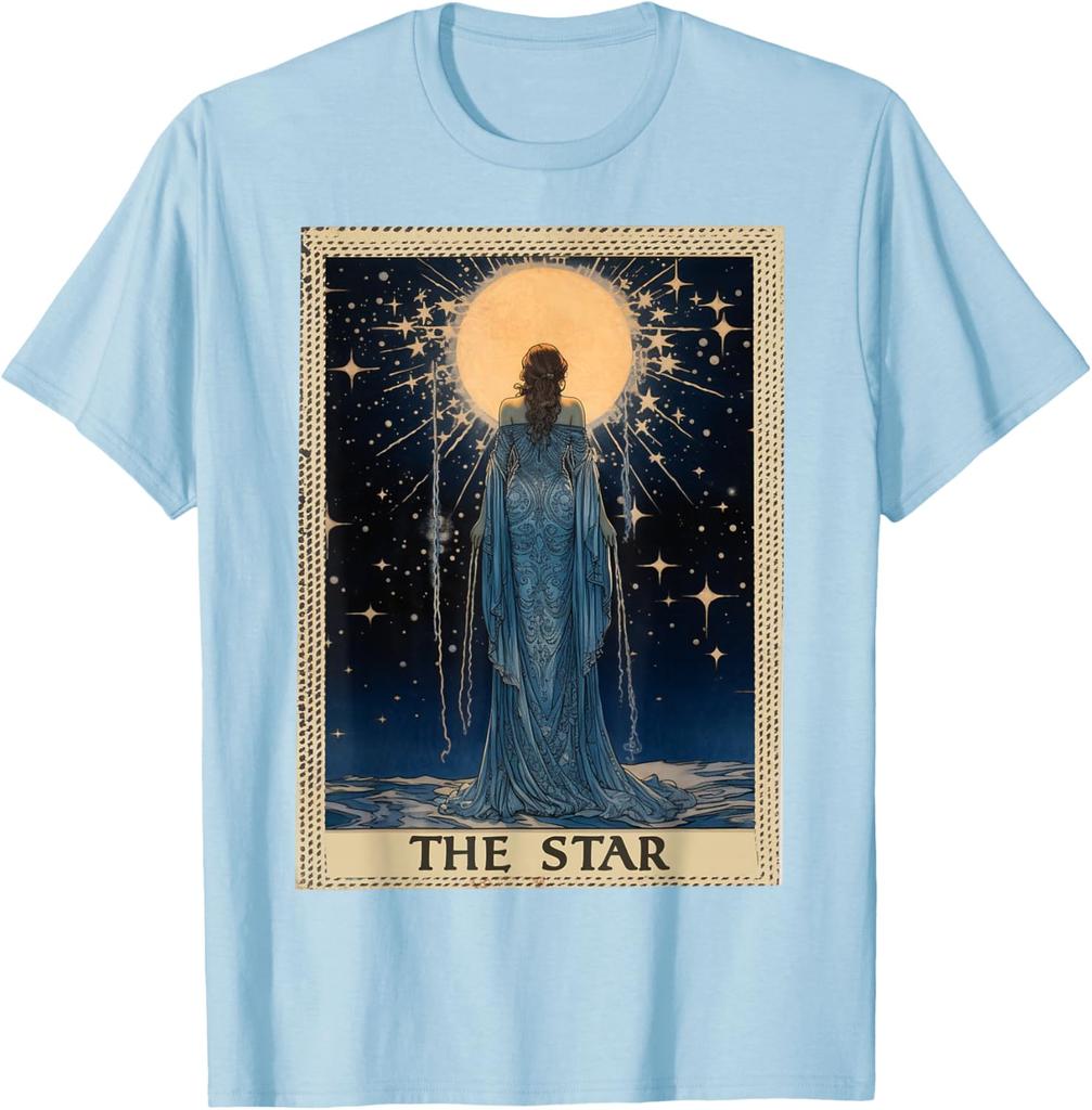 Das Stern Tarotkarten Grafik-T-Shirt Vintage-Stil Astrologie Himmlischer Druck Herren Kurzarm-T-Shirt