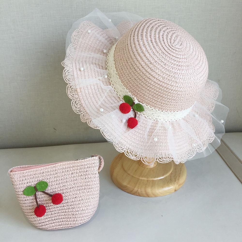 Kids Summer Beach Straw Hat Wide Brim Sun Protection Cap with Simple Lace and Cherry Decoration for Girls Outdoor Travel