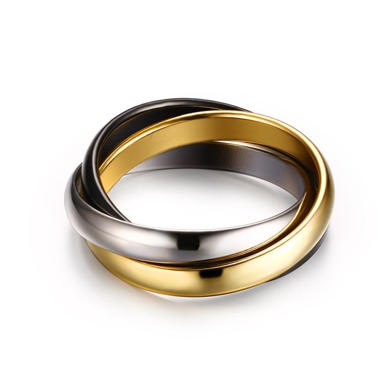 Anel Triplo Encaixado de Aço Inoxidável para Mulheres Banda de Casamento Multicor Bague Três em Um