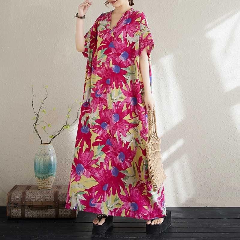 Real Summer New Cotton and Linen Printing V-neck Loose Large Size Simple Holiday Style Long Skirt Women's Beach Skirt Thick