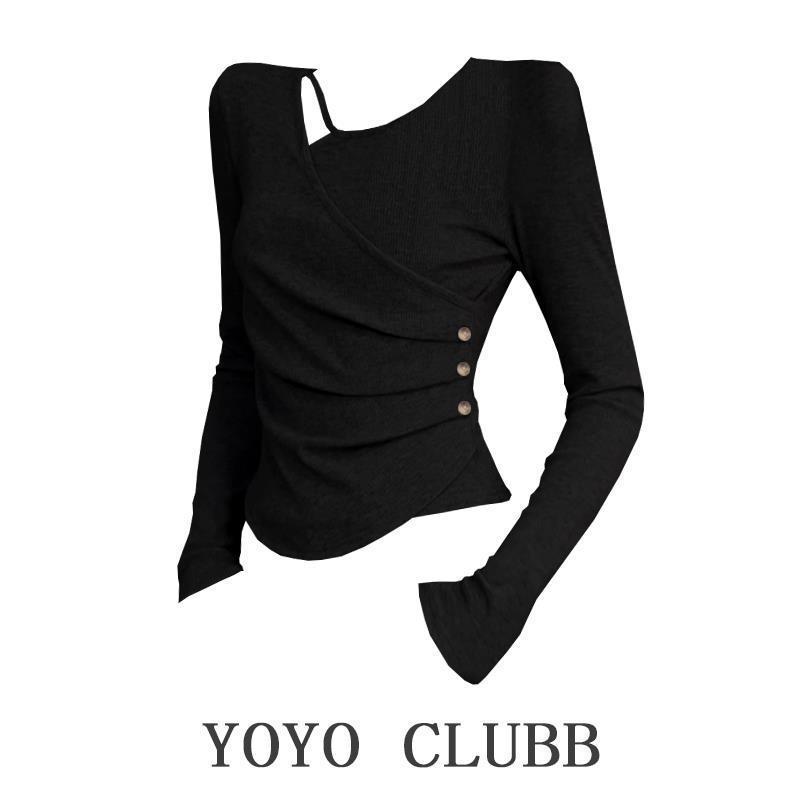 Korean Style V-Neck Long Sleeve Slim Fit Cropped T-Shirt for Women - Autumn/Winter Base Layer