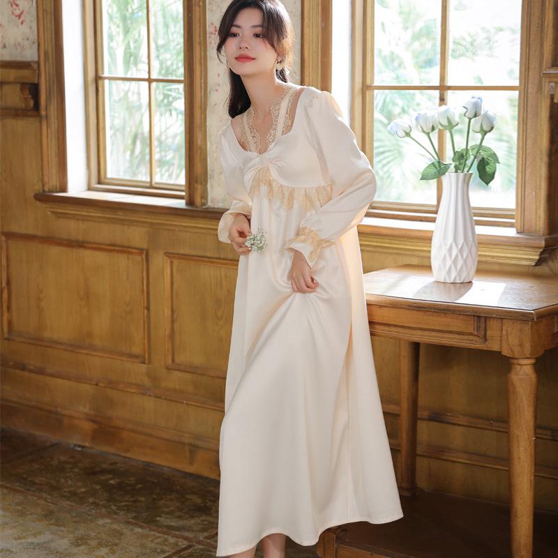 Long-sleeved nightgown women's spring simulation silk court retro style lace ice silk pajamas chest pad can be worn outside loungewear autumn and wint