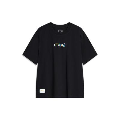 Li-Ning Hand-Painted Letter Print Sweat-Absorbing Loose Short Sleeve Drop Shoulder T-Shirt Women Tops Black AHST486-5