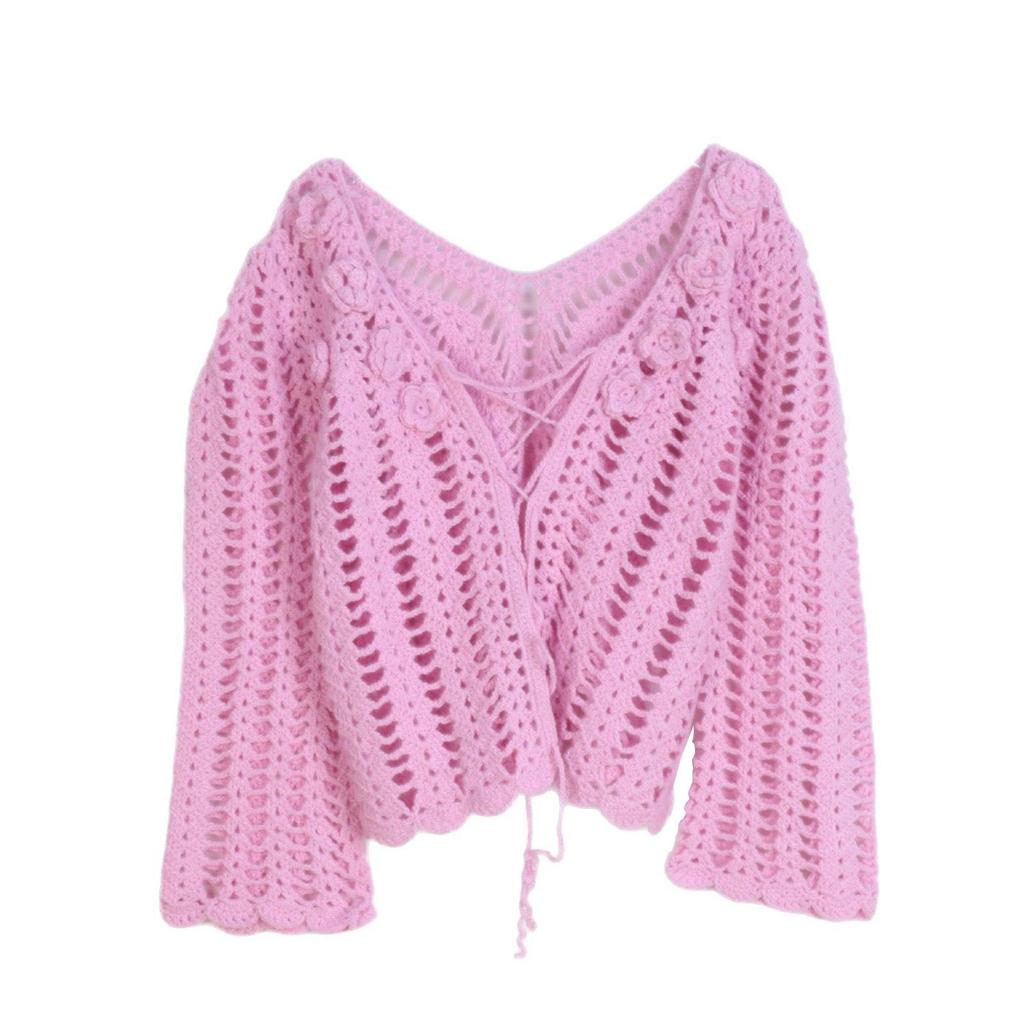 Chunky Knit V-Neck Crochet Sweater: Spring/Summer Long Sleeve Hollowed Pullover for Women