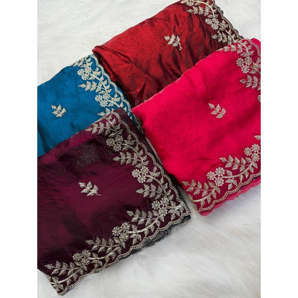 Premium Fandy satin with c pallu spring Dori embroidery work and all over sarees butta work with cutwork border