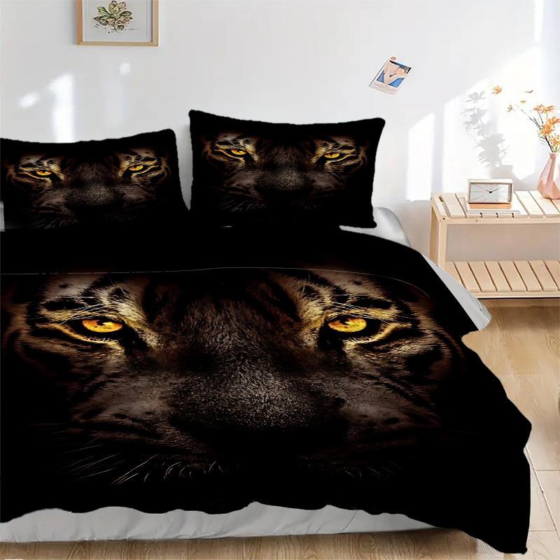 

3PCs Tiger Print Design Cover Set, Breathable Fabric, Machine Washable (1 Duvet Cover + 2 Pillowcases) (Without Quilt) yy250911067 135x200cm