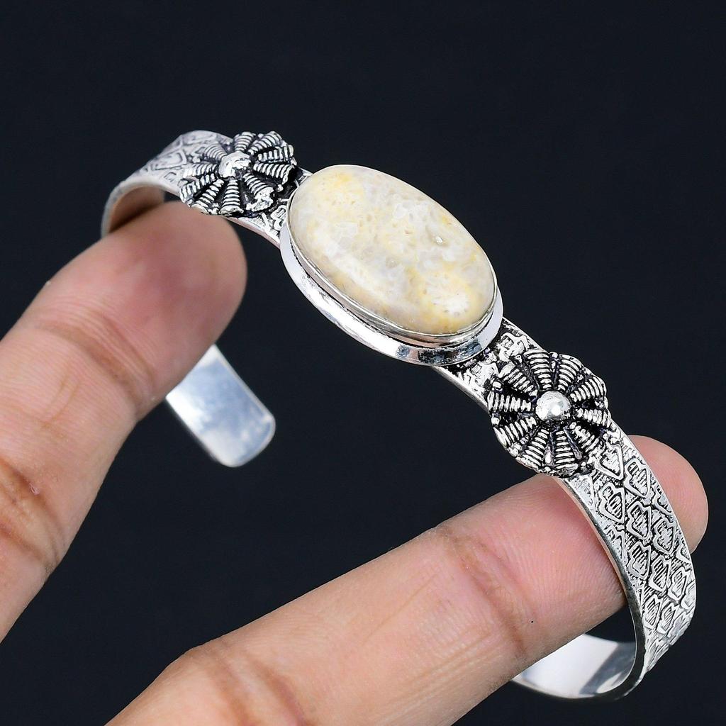 Daughters Day Deal Fossil Coral Stone 925 Silver Birthday Mother Bangle Bracelet