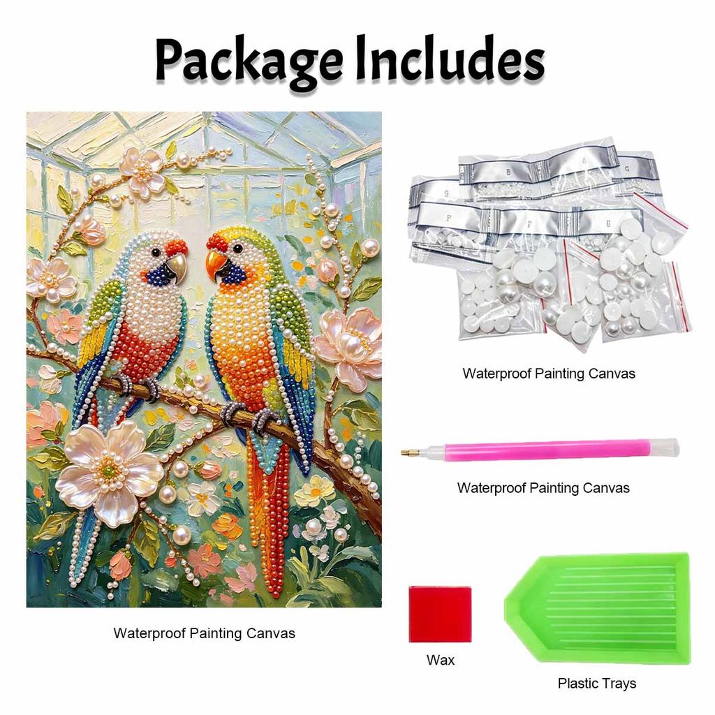 Frameless DIY Pearl Bead Painting Kit Two Parrots Pattern Creative Relaxing Craft Canvas Home Decor Adult Gift