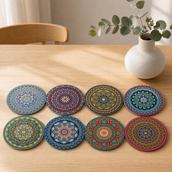 8PCS Coasters, Colorful Wood with Non-Slip Coasters, Heat Insulation Waterproof Drink Holder, for Home Office Dining Table