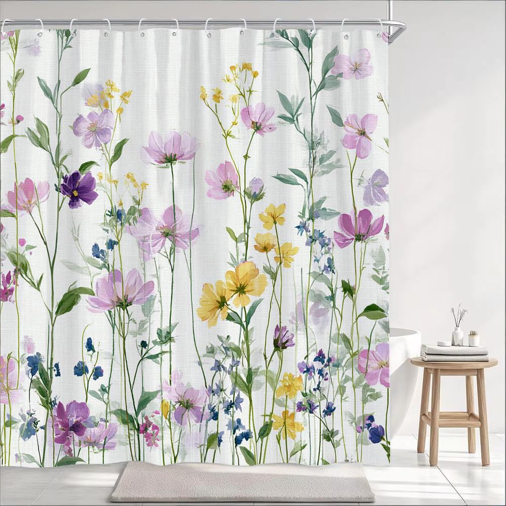 Black And White Flowers Printed Shower Curtain Partition Privacy Hanging Floral Bathroom Curtain With Hooks Decoration Curtain