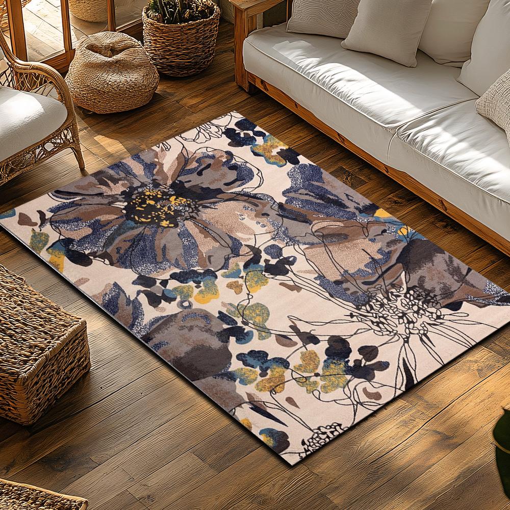 Cream White Floral Bohemian Rug, Purple Blue Flower Pattern Non-Slip Carpet, Artistic Living Room Mat for Vintage Home Decor
