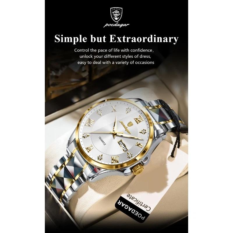 POEDAGAR Fashion Military Men Clock Waterproof Luminous Date Week Man Wristwatch Stainless Steel Quartz Watches Male Reloj