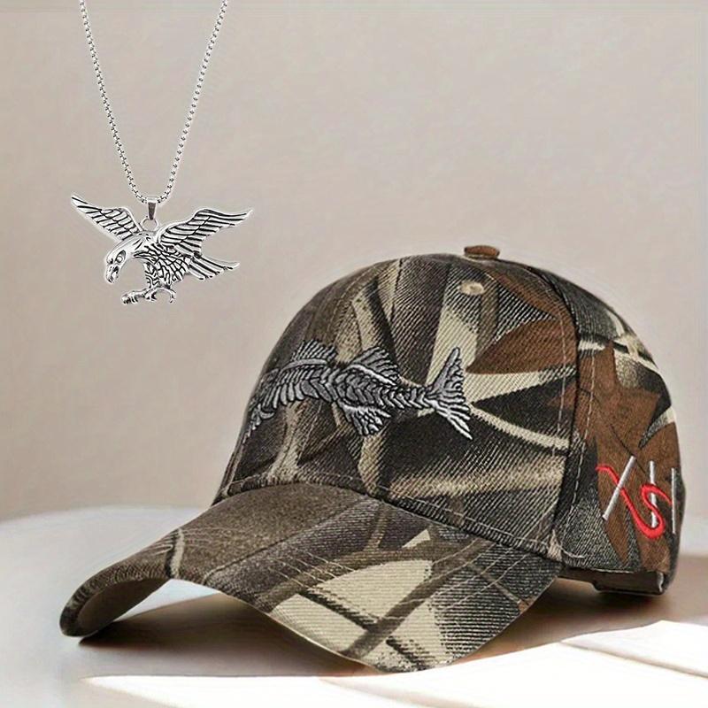 2pcs Men's Baseball Cap Necklace Set Embroidered Fish Sun Hat Casual Duck Tongue Cap Eagle Style Pendant Necklace Couple Camouflage Military Cap