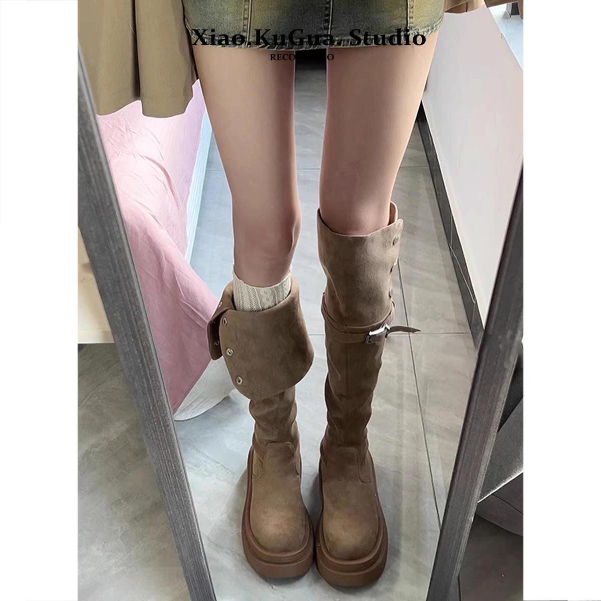 

High-Heeled Over-the-Knee Suede Riding Boots: Versatile Retro Leather, 2025 Edition Khaki - Fleece Lined