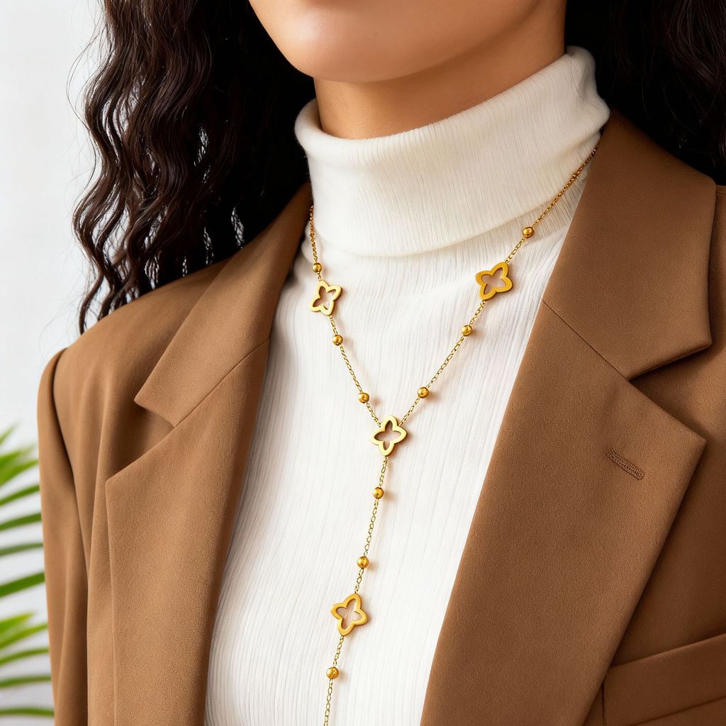 Geometric Four Leaf Clover Necklace With Stainless Steel Chain And Music Note Element For Daily Fashion