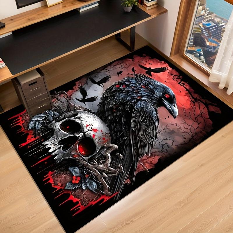 Gothic Crow Skull Rug Crystal Velvet Black Red Blood Drip Macabre Decor Kitchen Bathroom