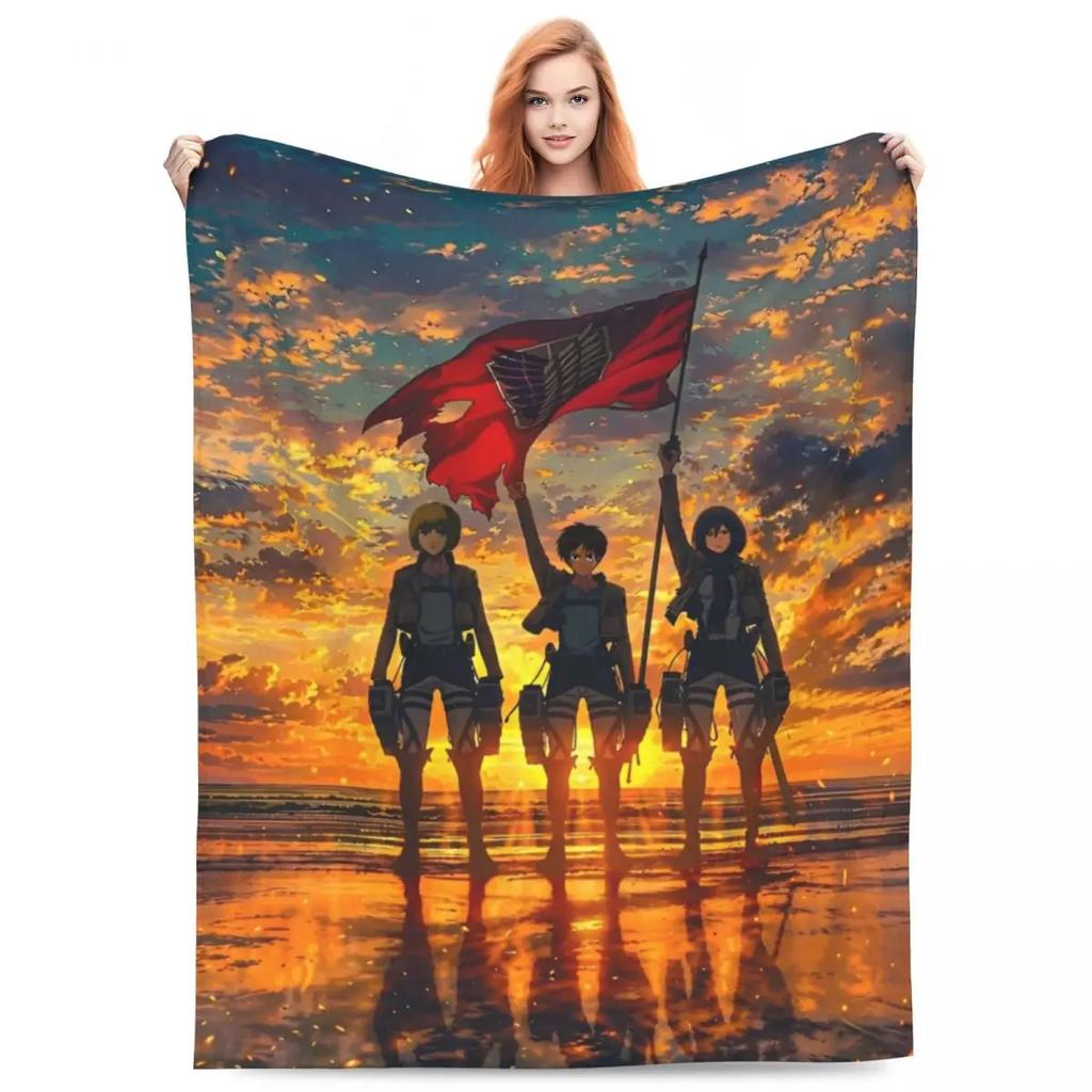 Attack On Titan Anime Manga Fleece Throw Blankets Action Blanket for Bedding Travel Lightweight Thin Bedroom Quilt