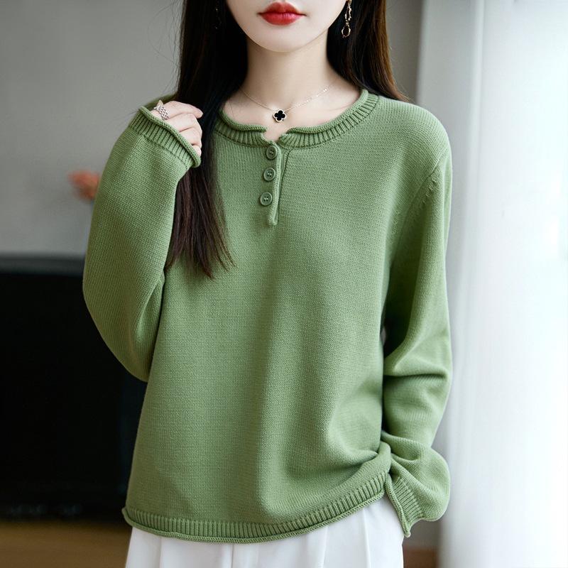 Long-sleeved Knitted Sweater, Women's Autumn and Winter Rolled-up Round-neck Loose Pullover Base Layer
