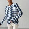 Women Tops Round Neck Long Sleeve Striped Print Sweater Loose Fit Stretchy Retro Knitting Tops Daily Wear