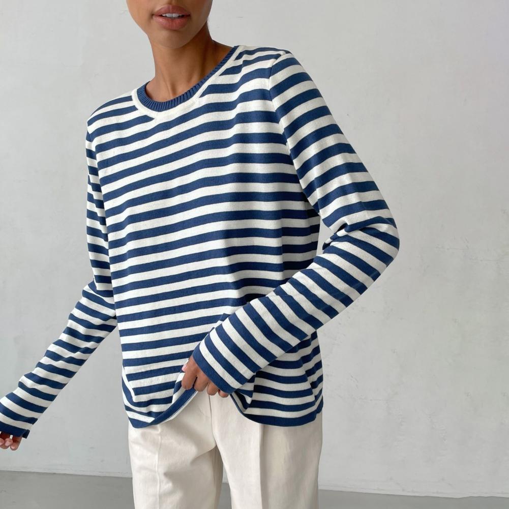 Women Tops Round Neck Long Sleeve Striped Print Sweater Loose Fit Stretchy Retro Knitting Tops Daily Wear