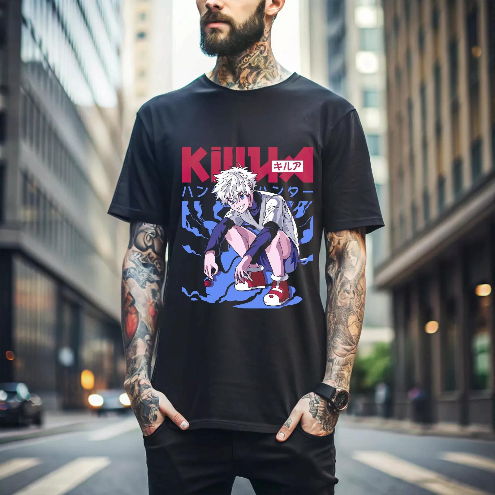 

100% cotton TOPS UNISEX TEES MENS WOMENS Killua T-Shirt Gon Hunter X Hunter Tshirt HXH Anime Hisoka Meruem Hisoka 152 XL чёрный